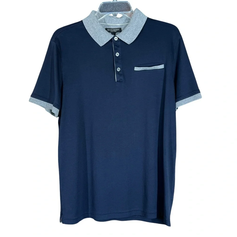 Banana Republic Luxury Touch Polo Blue Gray Trim Short Sleeve Shirt Size L